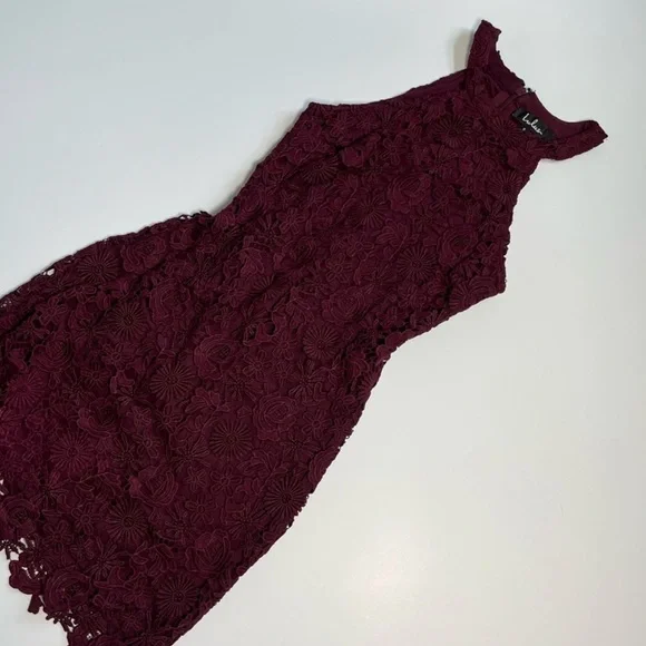 🩷LULU’S LOVE MAGENTA RED LACE MINI BODYCON HIGH NECK STRAPLESS DRESS SIZE SMALL - Picture 5 of 12